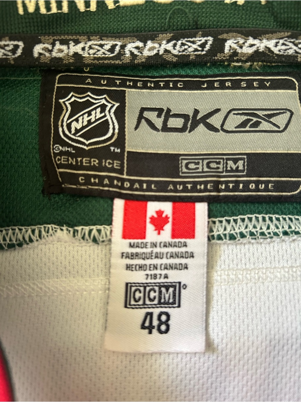 CCM RBK Authentic Center Ice MN WildHockey Jersey Detail Green, White, Red - Picture 4 of 7